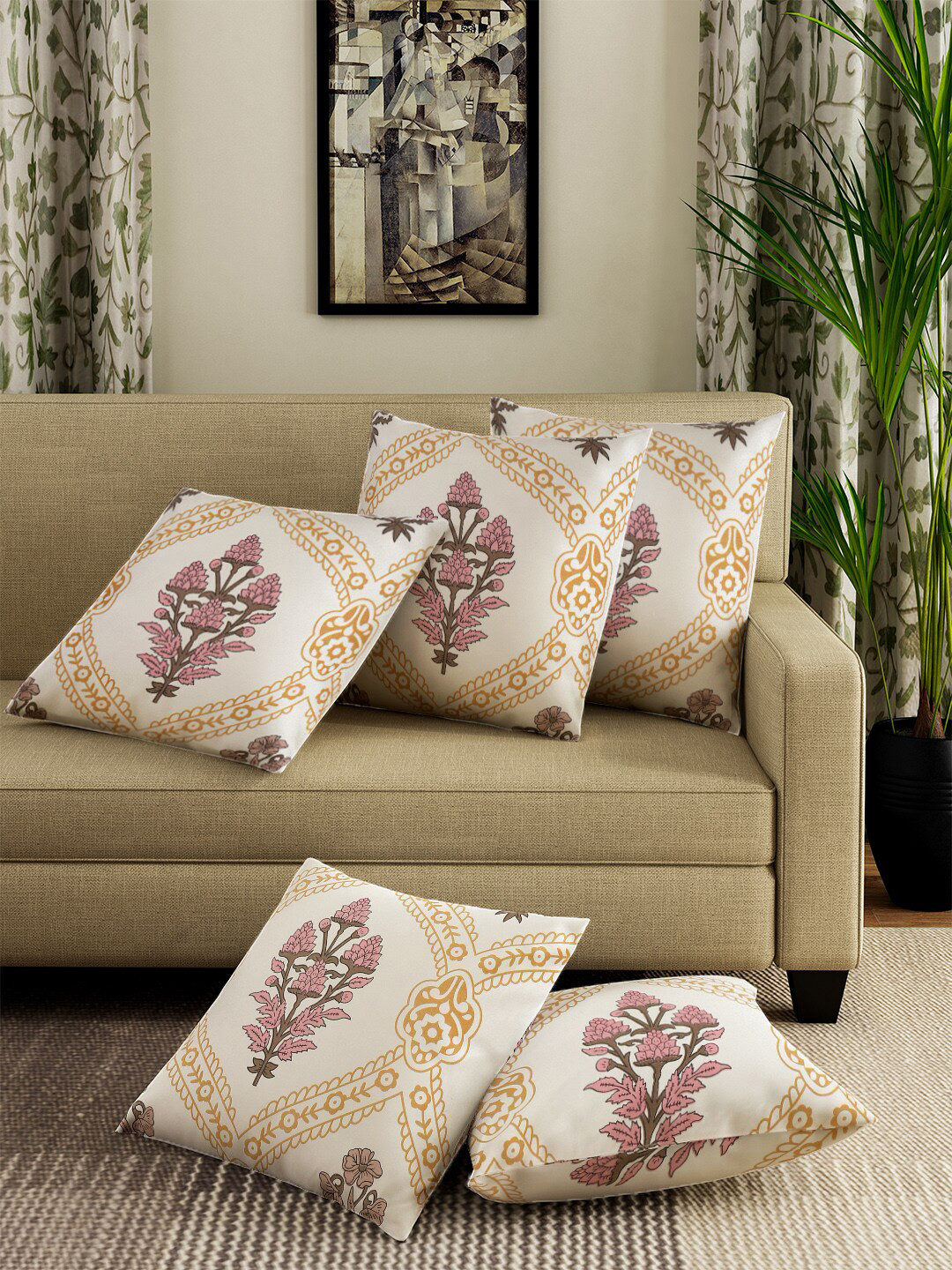 Sangria White Floral Polyester Breathable 5 Pcs Square Cushion Covers - 16 x 16 In