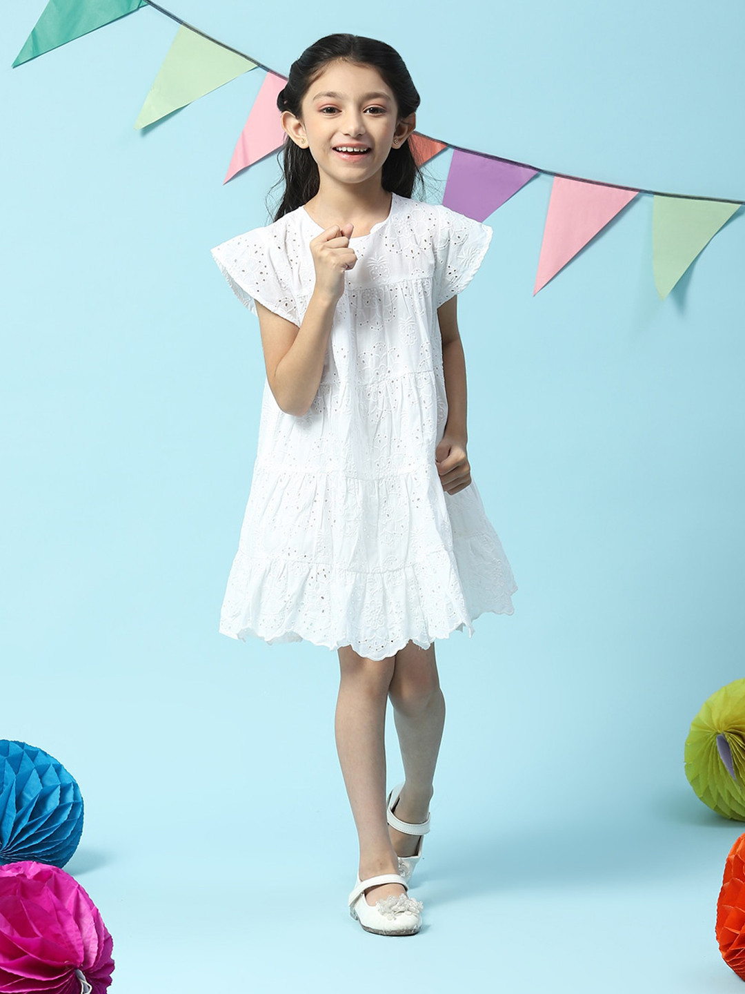 Biba Girls Self Designed Tiered Cap Sleeves A-Line Dress