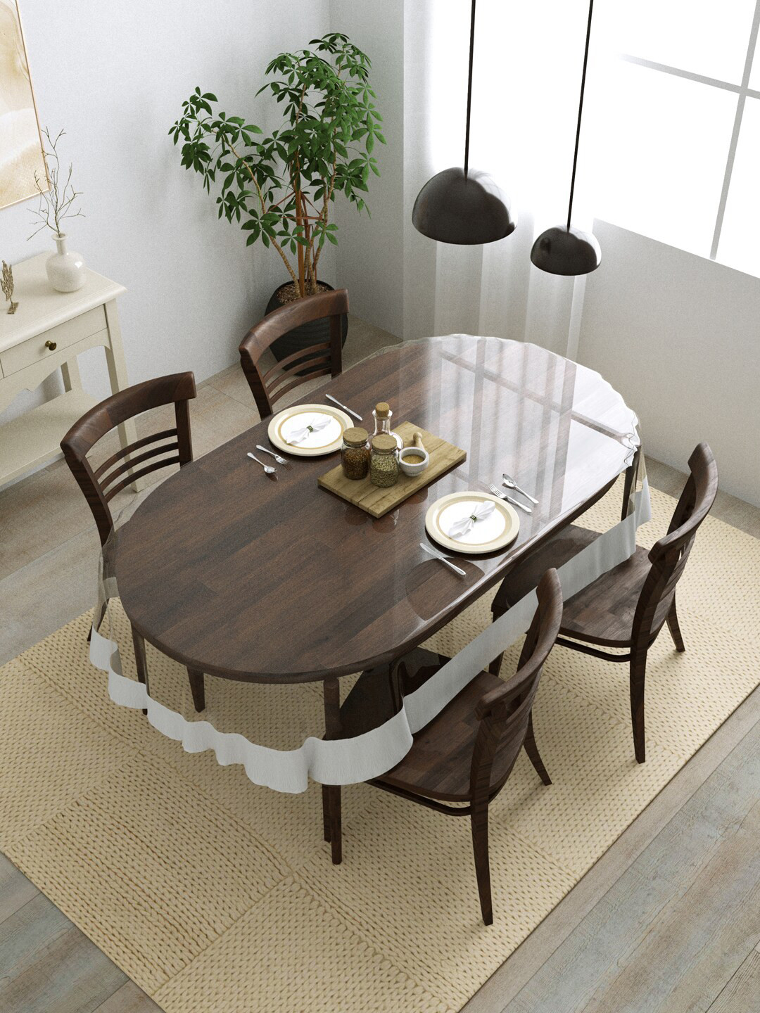 Clasiko Transparent & White 4 Seater Oval Dining Table Cover