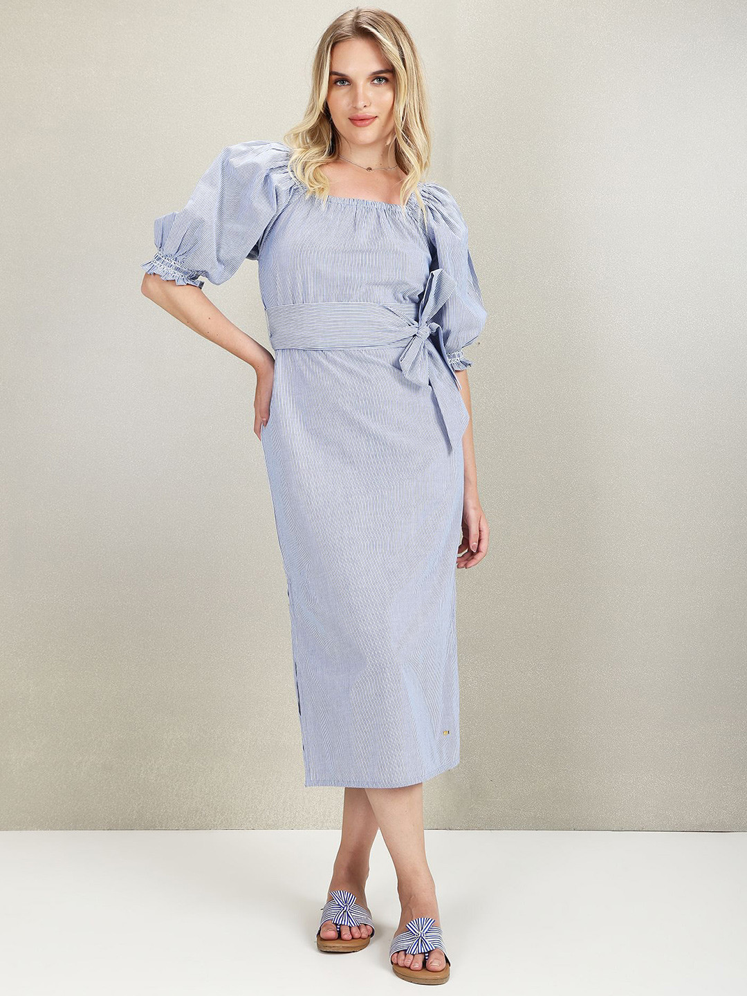 U.S. Polo Assn. Women Vertical Striped Puff Sleeves Cotton Midi Dress