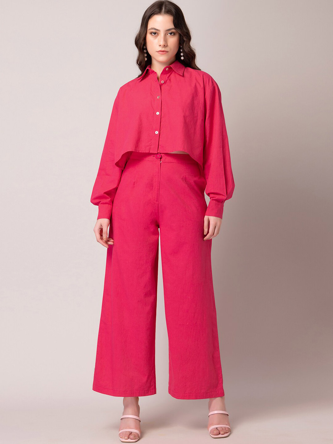 FabAlley Pink Cuffed Sleeves Crop Shirt with Trousers