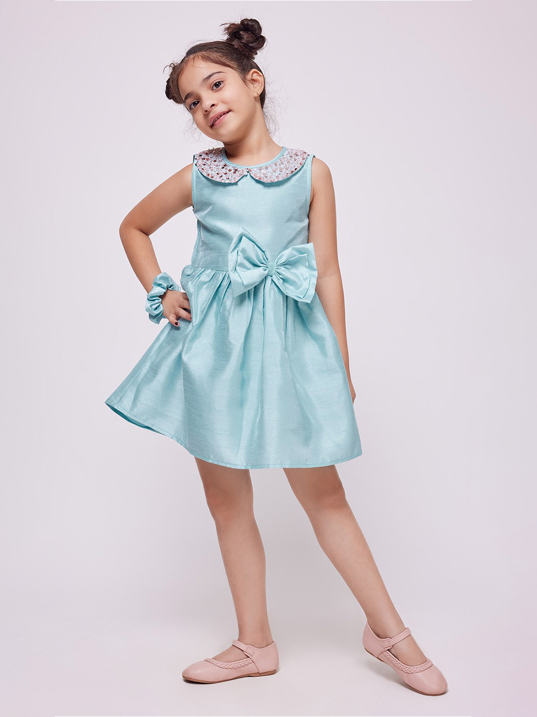 frangipani Girls Peter Pan Collar Bow Detailed Fit & Flare Dress