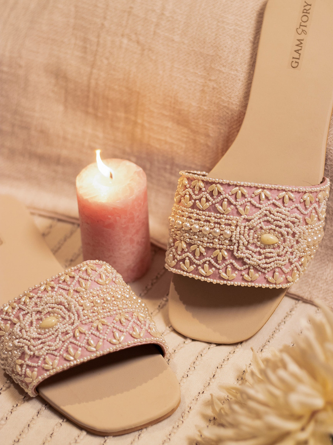 GLAM STORY Embellished Open Toe Flats