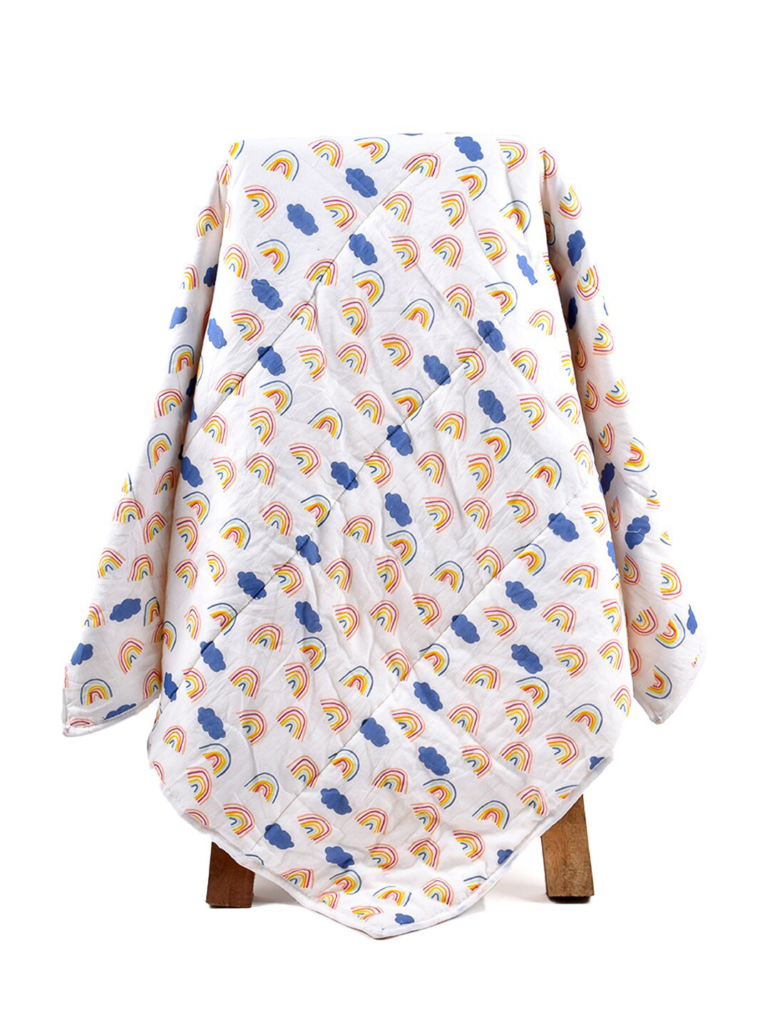 Moms Home White & Blue Geometric AC Room 300 GSM Organic Cotton Single Bed Quilt