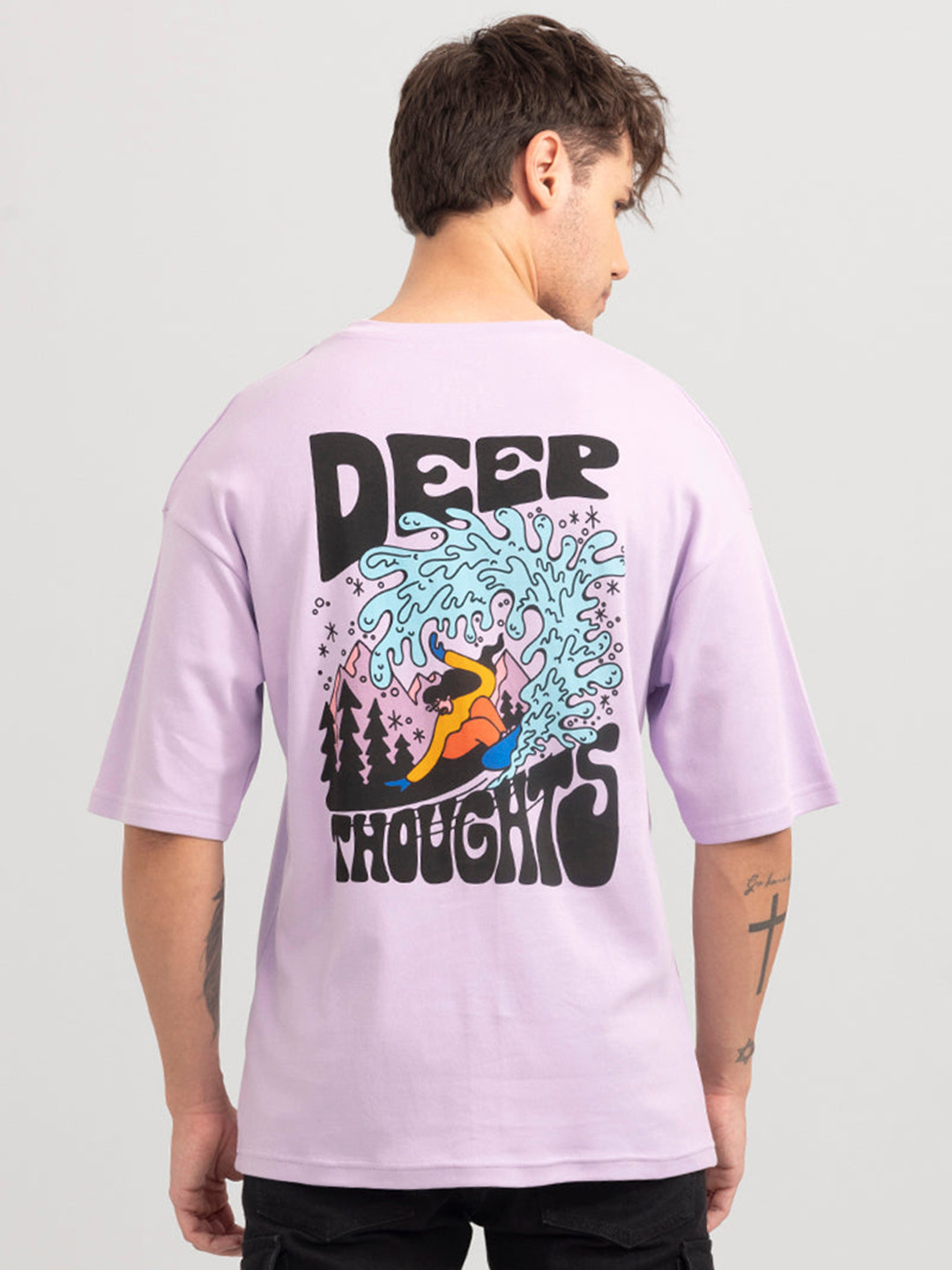 Snitch Lavender Typography Printed Loose Cotton T-shirt