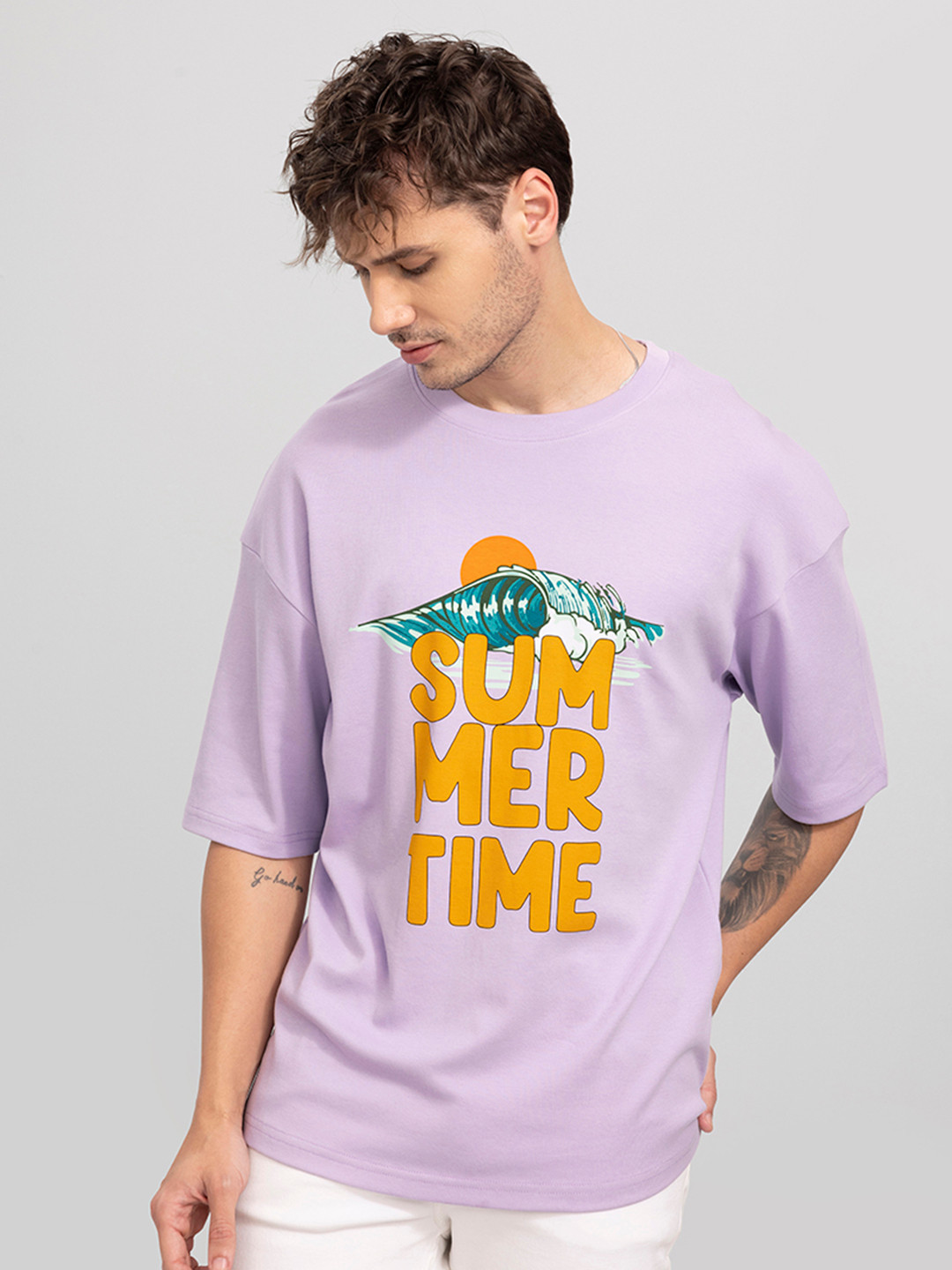 Snitch Lavender Typography Printed Loose Fit Cotton T-shirt