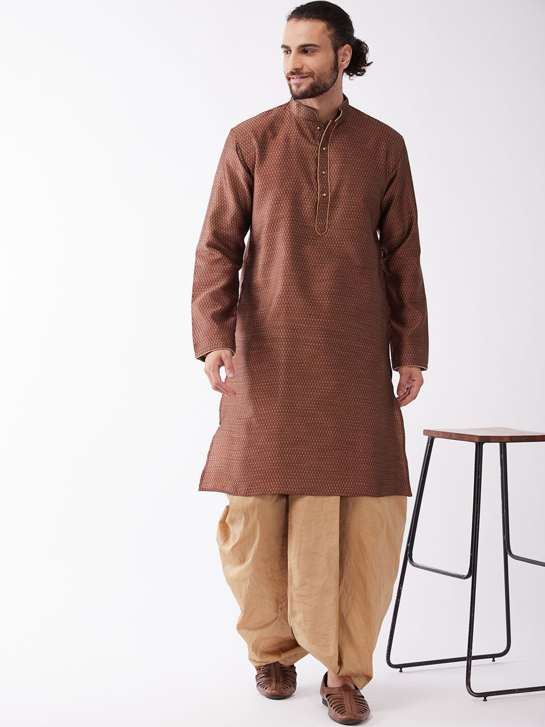 VASTRAMAY Woven Design Mandarin Collar Straight Kurta With Dhotipants