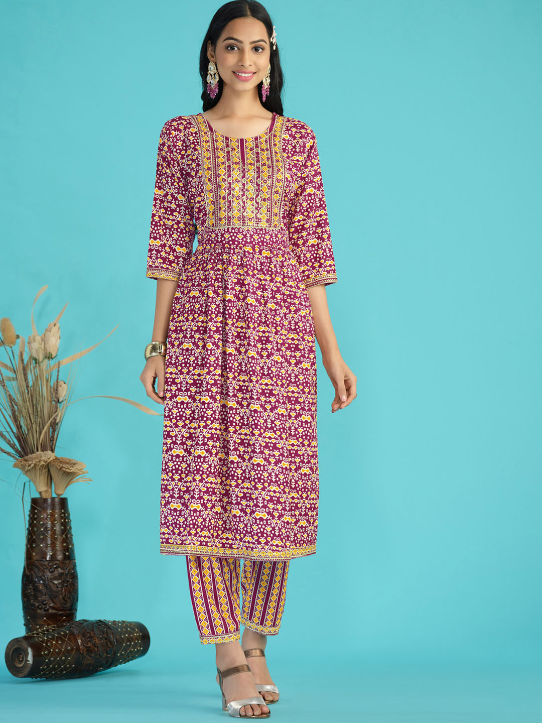 Sangria Ethnic Motif-Printed A-Line Kurta With Trouser