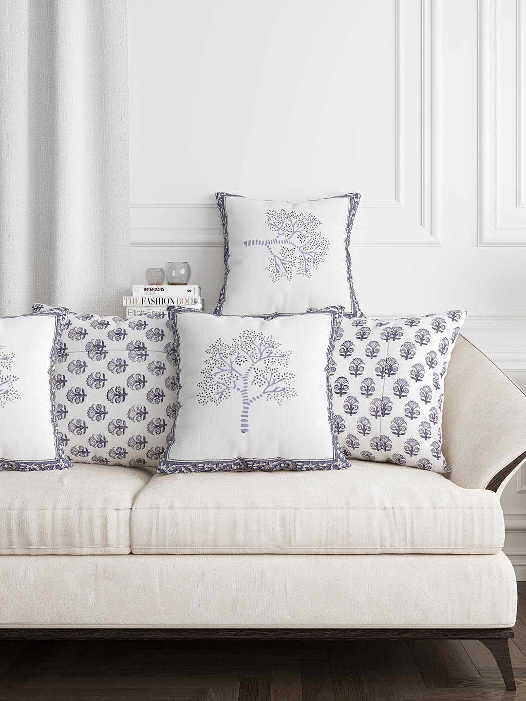 Sangria Tree Ethnic Motifs Cotton 5 Pcs Textured Square Cushion Covers - 16 x 16 In