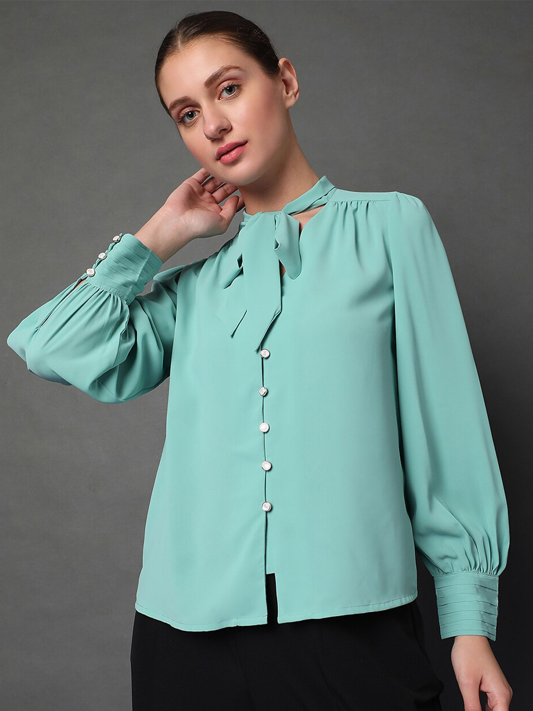 Vero Moda Regular Fit Tie Up Neck Bishop Sleeves Casual Shirt