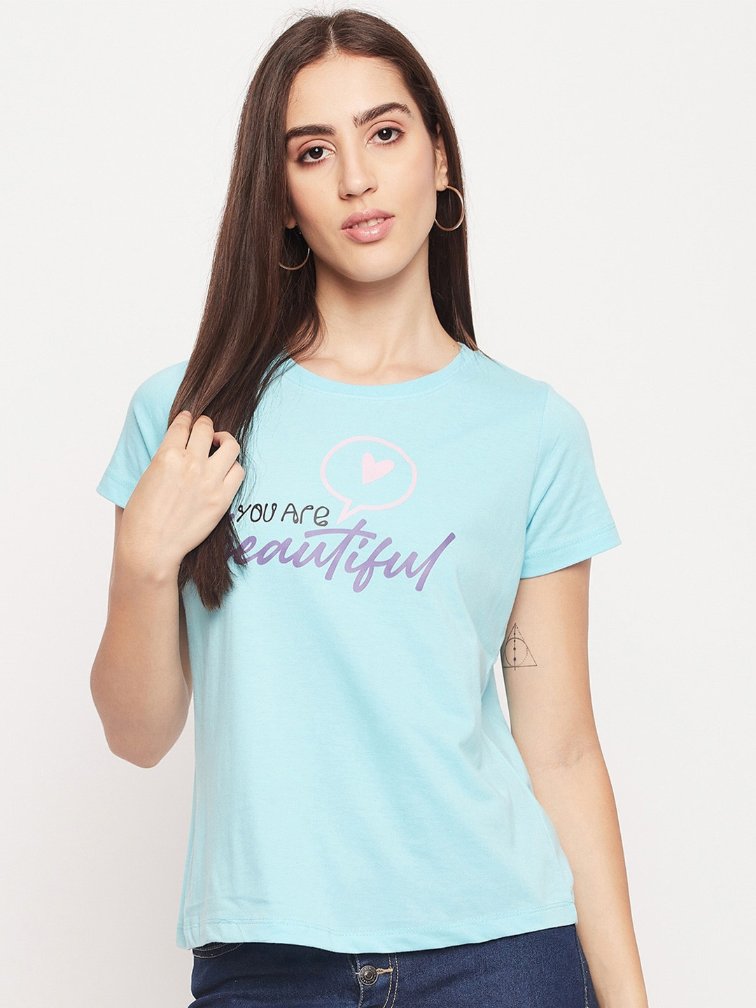 Mast & Harbour Blue Typography Printed Pure Cotton T-shirt