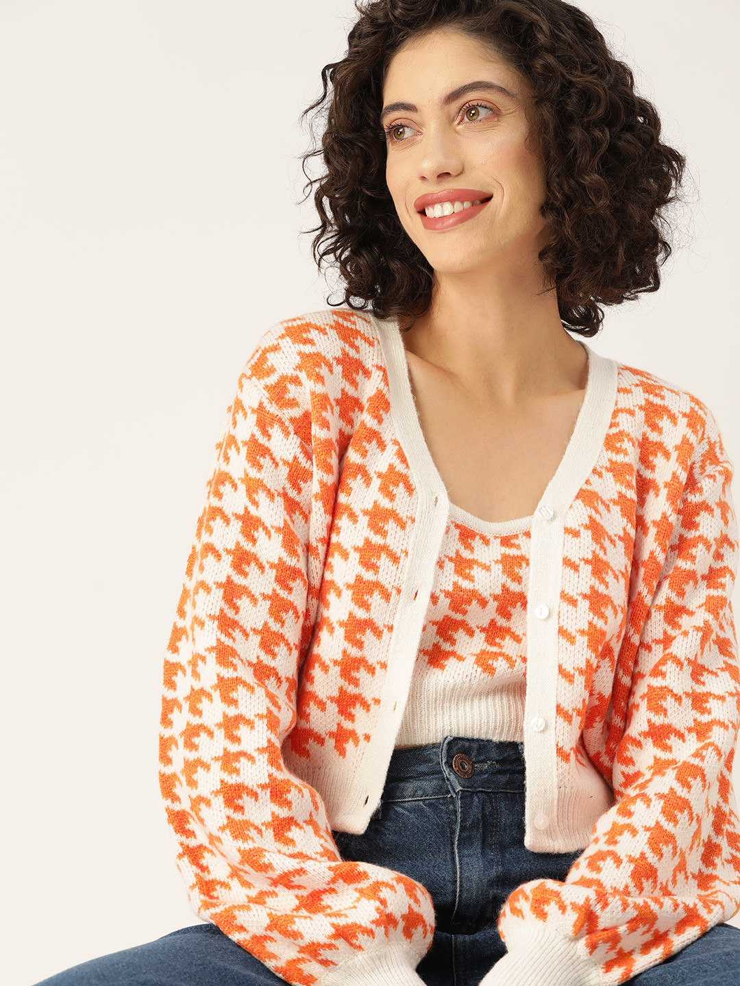 Mast & Harbour Geometric Self Design Cardigan With Camisole