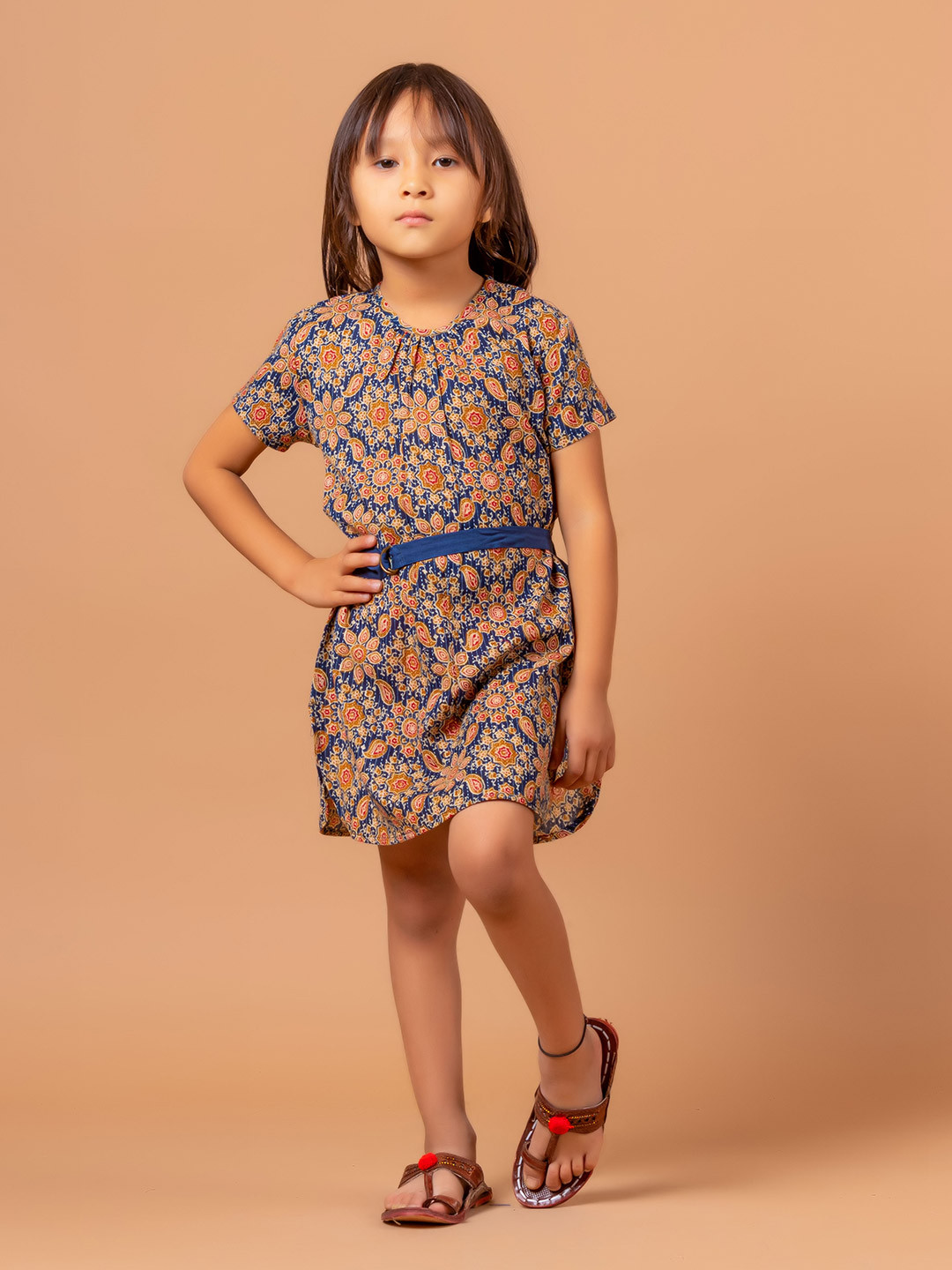Sangria Girls Ajrakh Print Pure Cotton A-Line Dress