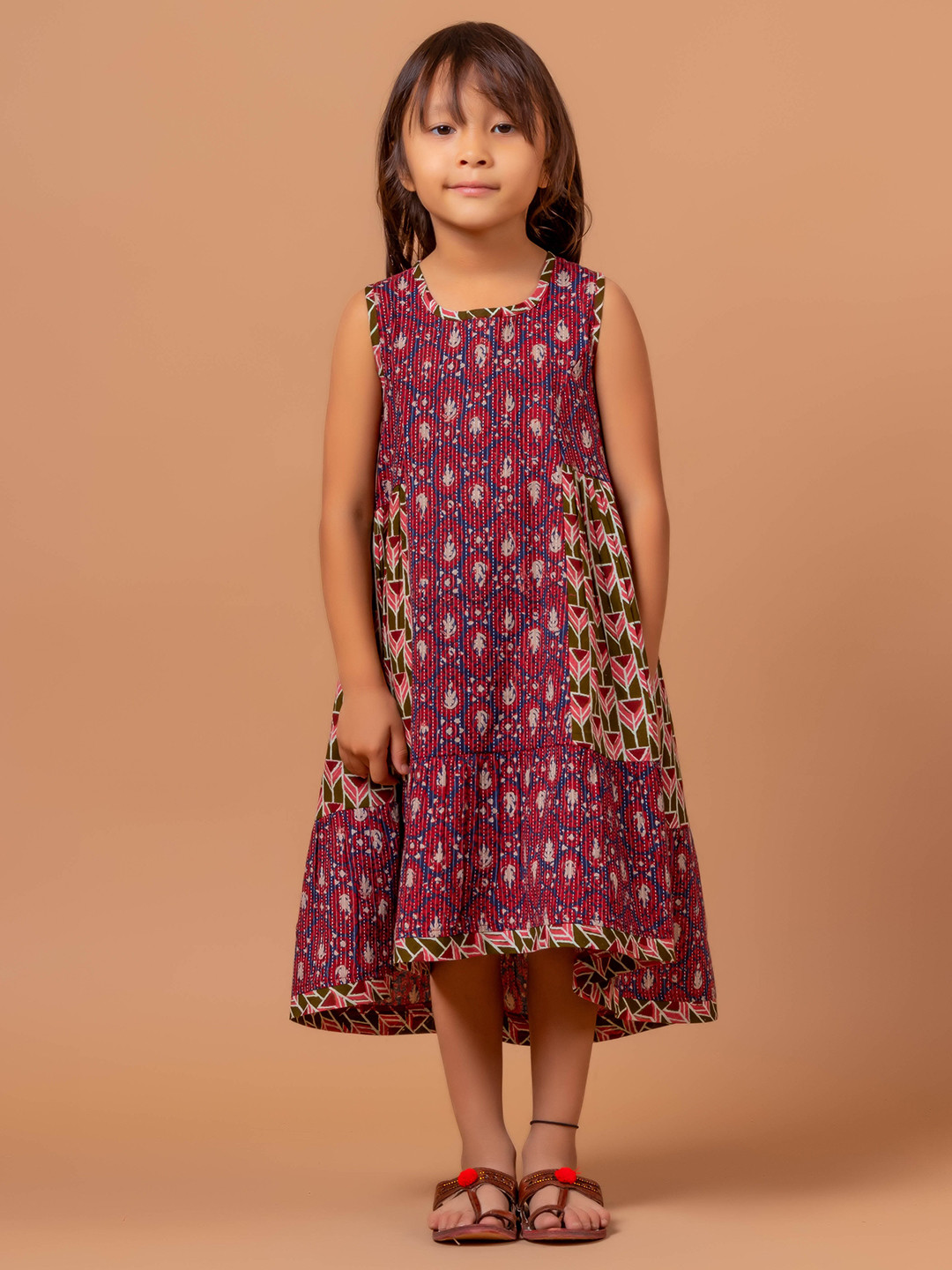 Sangria Girls Red & Blue Ajrakh Printed Pure Cotton A-Line Dress