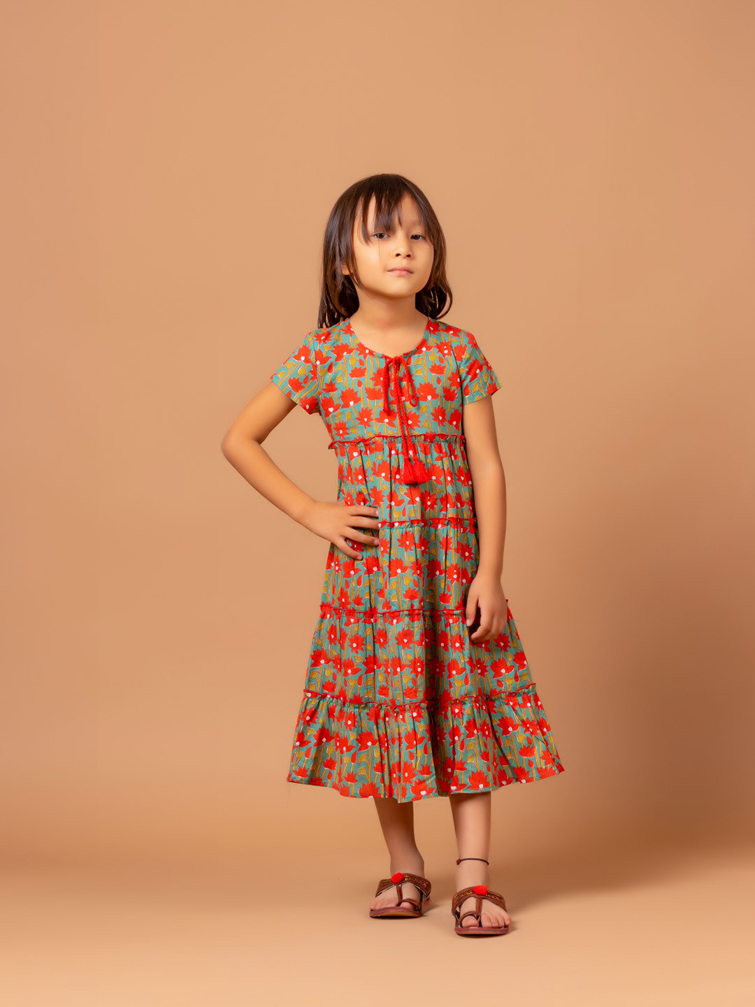 Sangria Girls Red & Green Floral Printed Tie-Up Neck Pure Cotton A-Line Dress