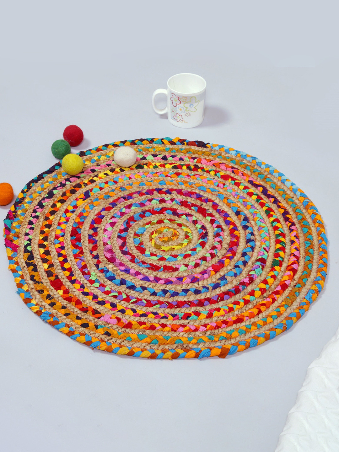 HANDICRAFT PALACE Beige & Pink Braided Jute Cotton Circular Carpet