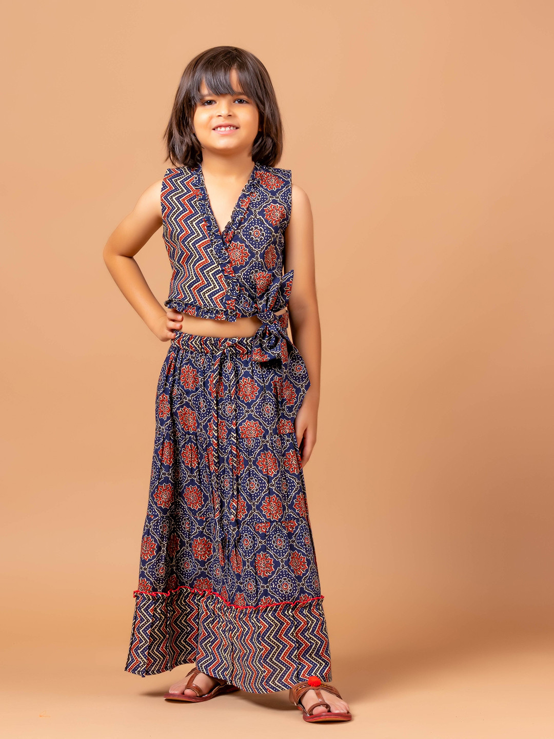 Sangria Girls Blue Garima Ajrakh Printed Pure Cotton Lehenga Choli