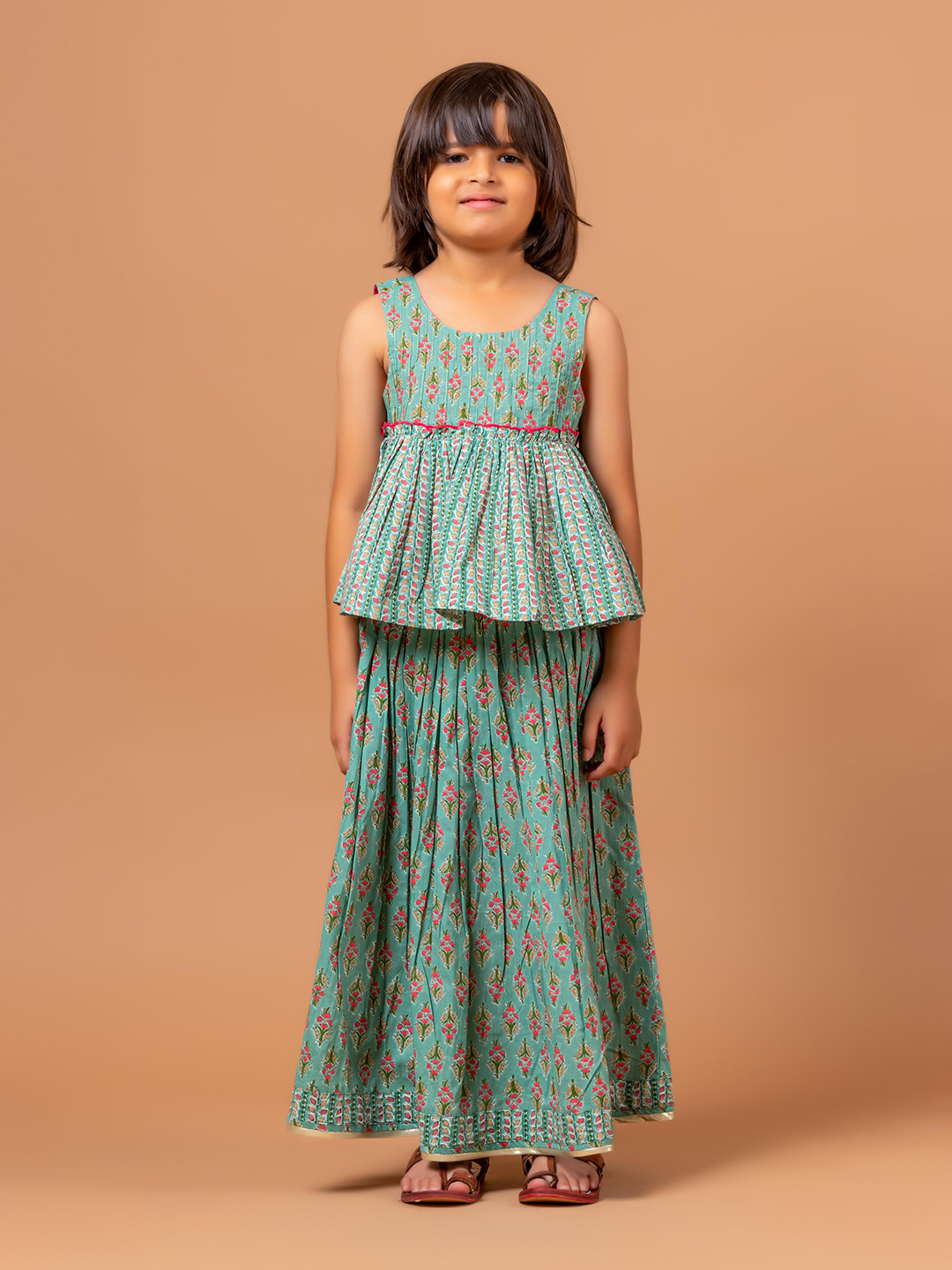 Sangria Girls Block Printed Pure Cotton Lehenga Choli