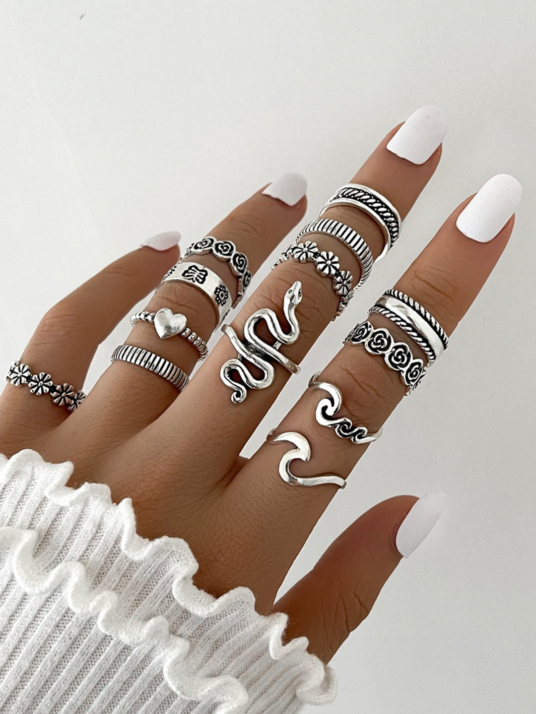Shining Diva Fashion Set Of 13 Silver-Plated Rings