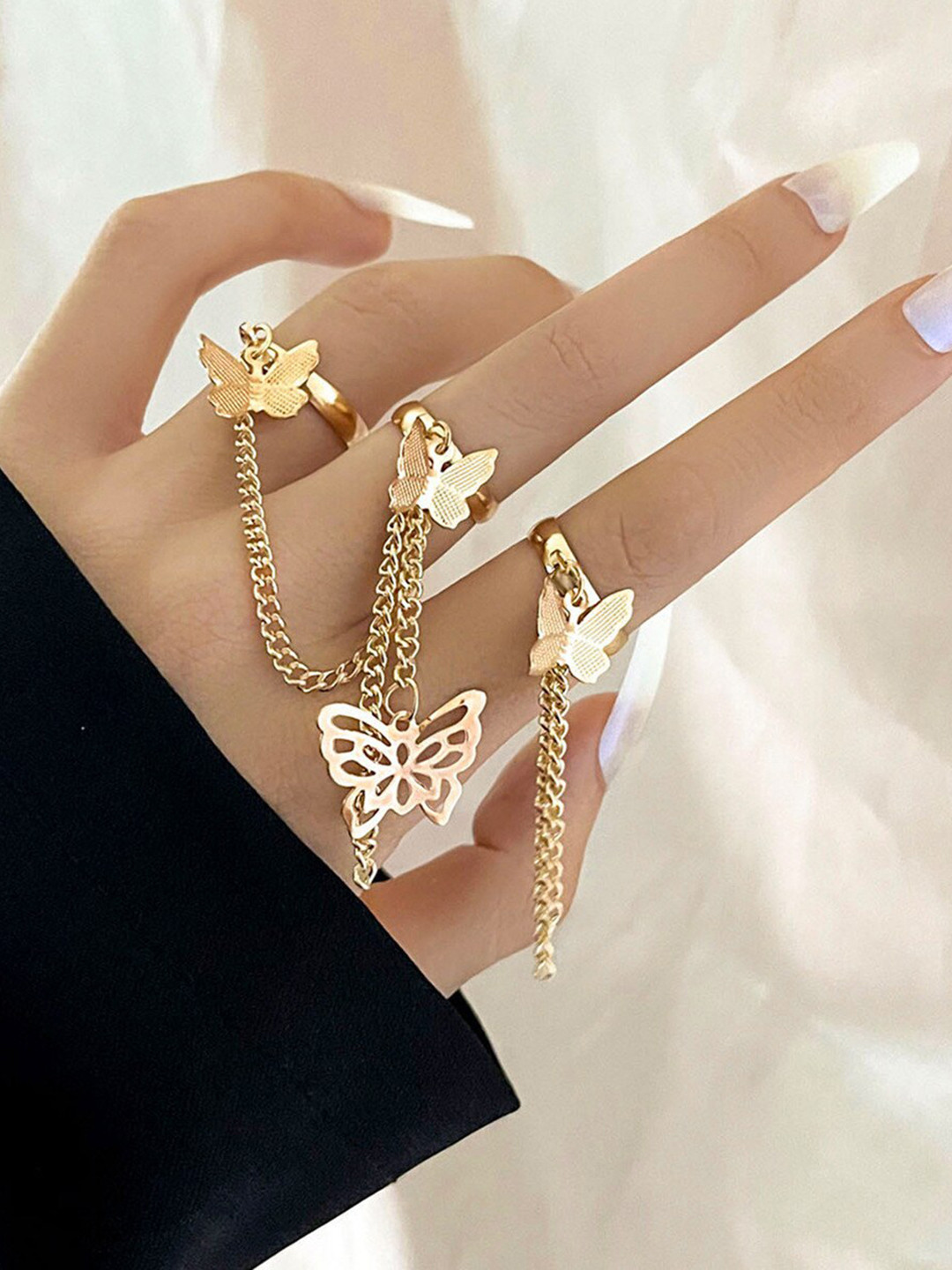 Shining Diva Fashion Set Of 3 Gold Plated Butterfly Chain Finger Rings