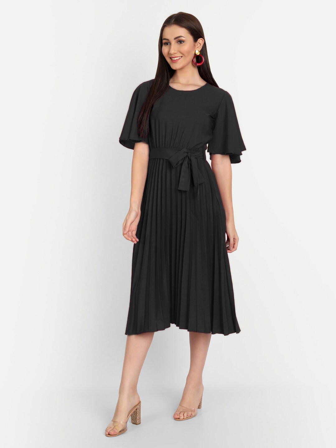 DEKLOOK Accordion Pleated Flared Sleeve  Fit & Flare Midi Dress