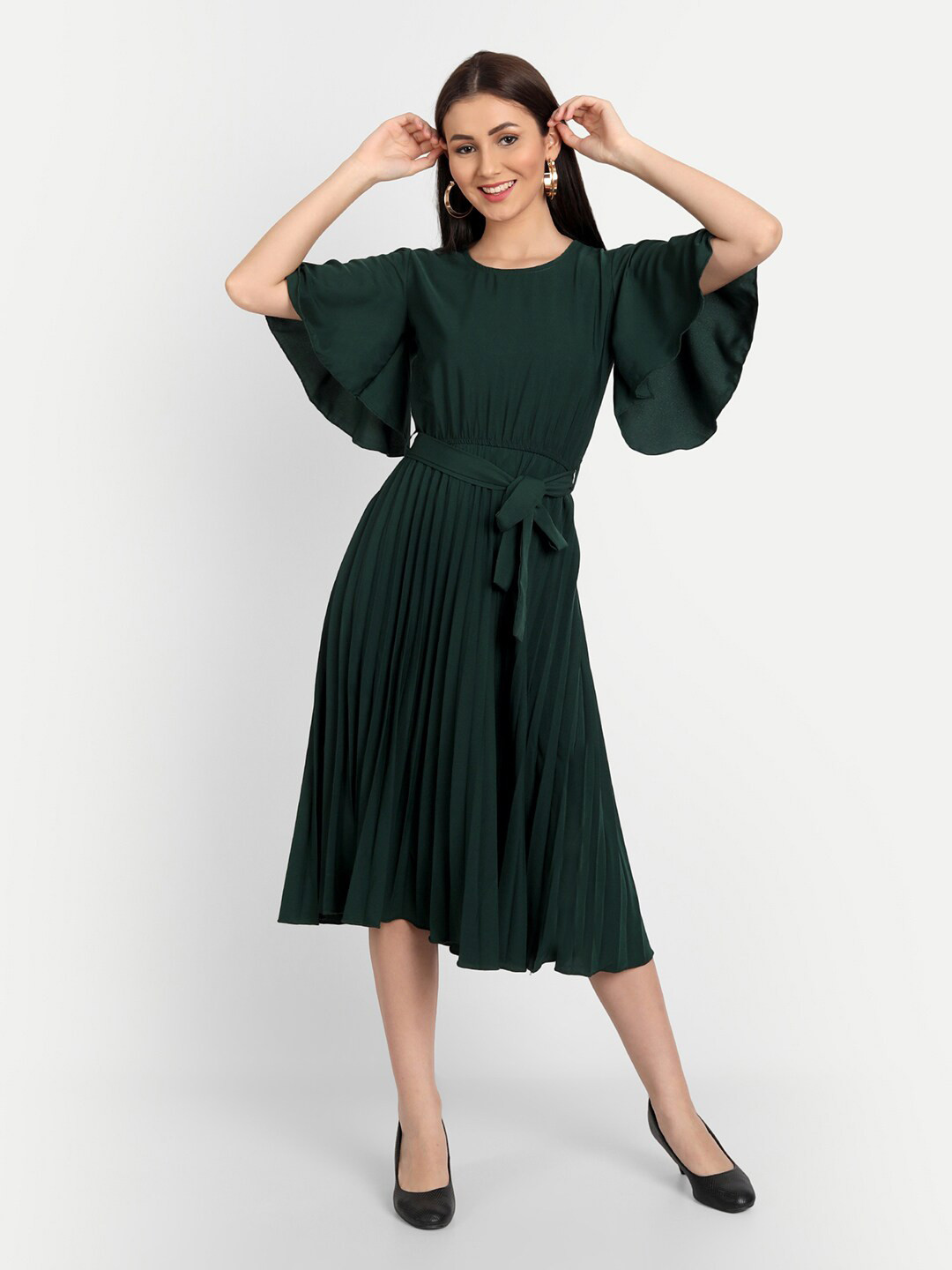 DEKLOOK Accordion Pleated Flared Sleeve Fit & Flare Midi Dress
