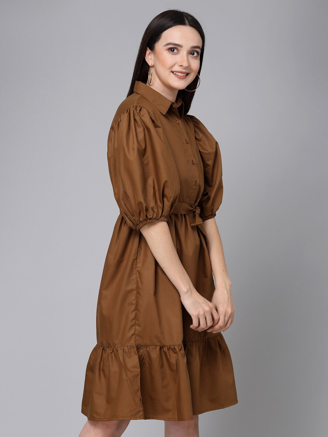 Style Quotient Brown Puff Sleeve Shirt Collar Cotton A-Line Dress