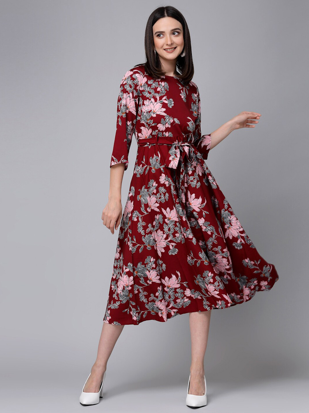 Style Quotient Maroon Floral Printed A-Line Midi Dress With Belt