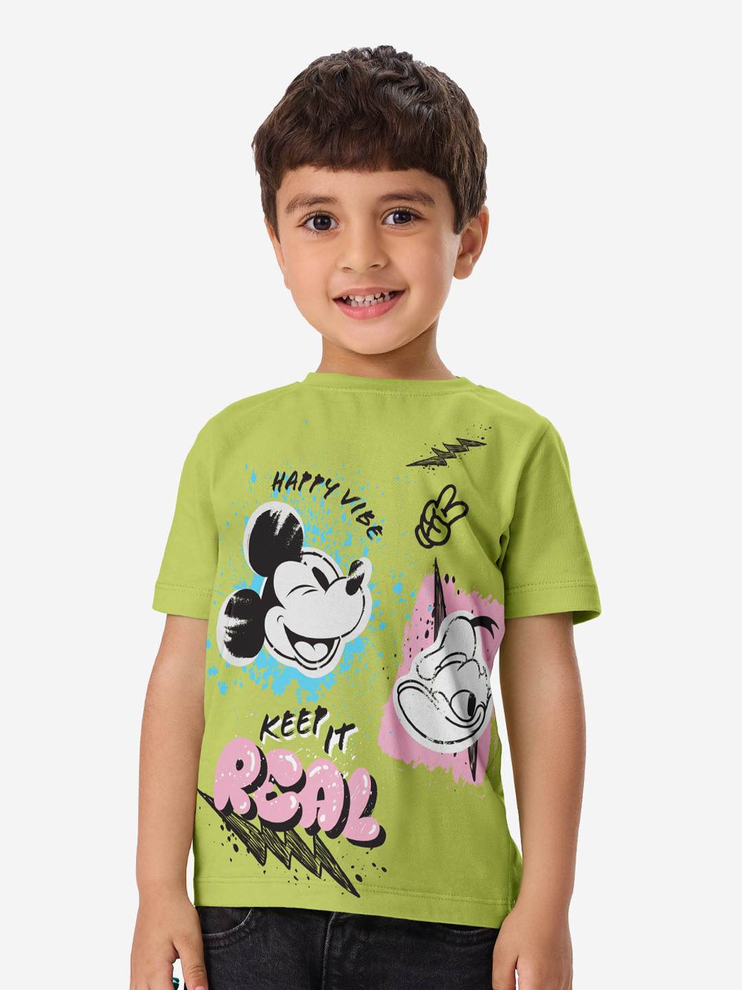 The Souled Store Boys Green Humour And Comic Mickey Mouse Printed Pure Cotton T-Shirt