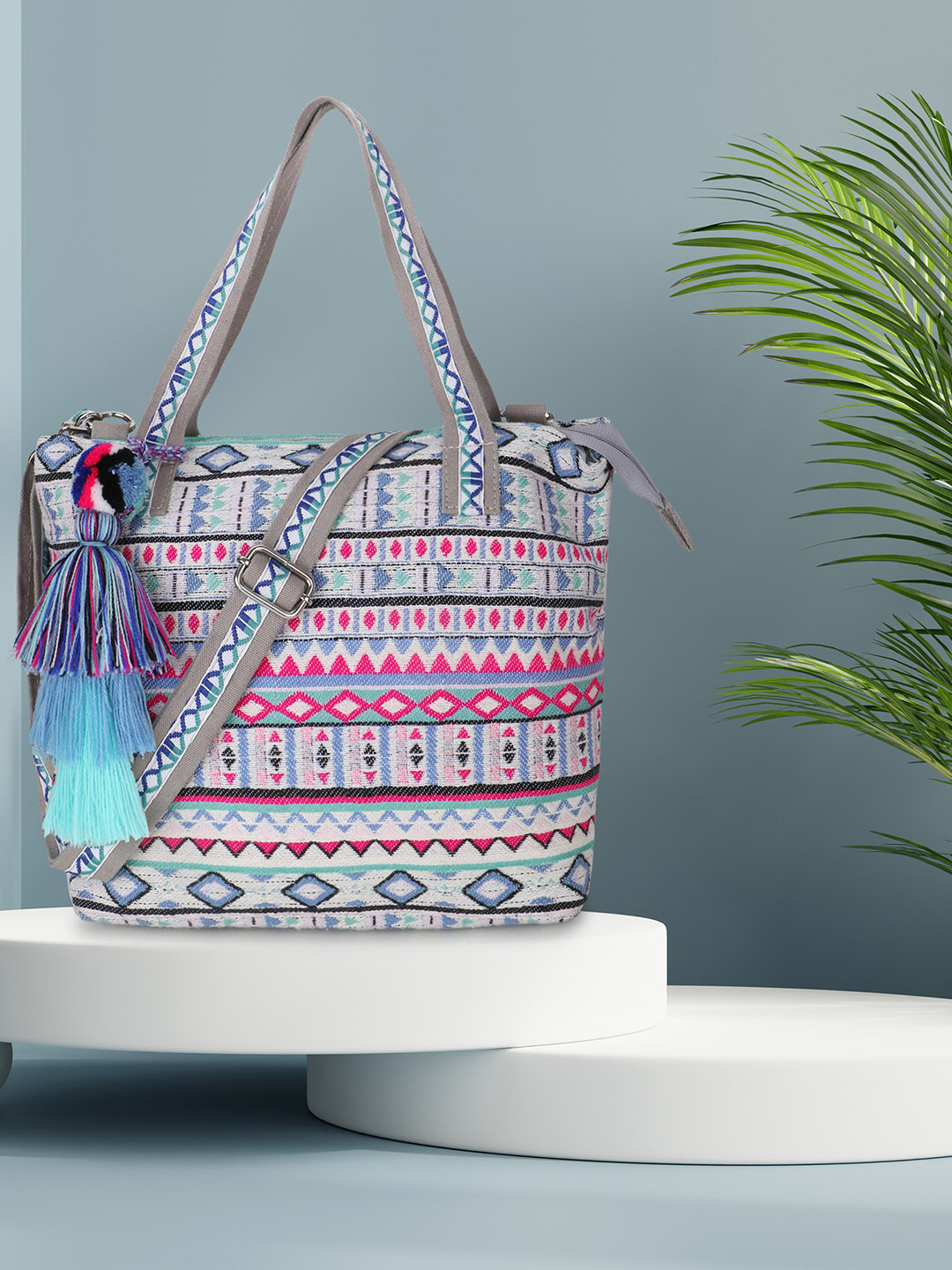 Anekaant Geometric Jacquard Cotton Canvas Handheld Bag with Tasselled