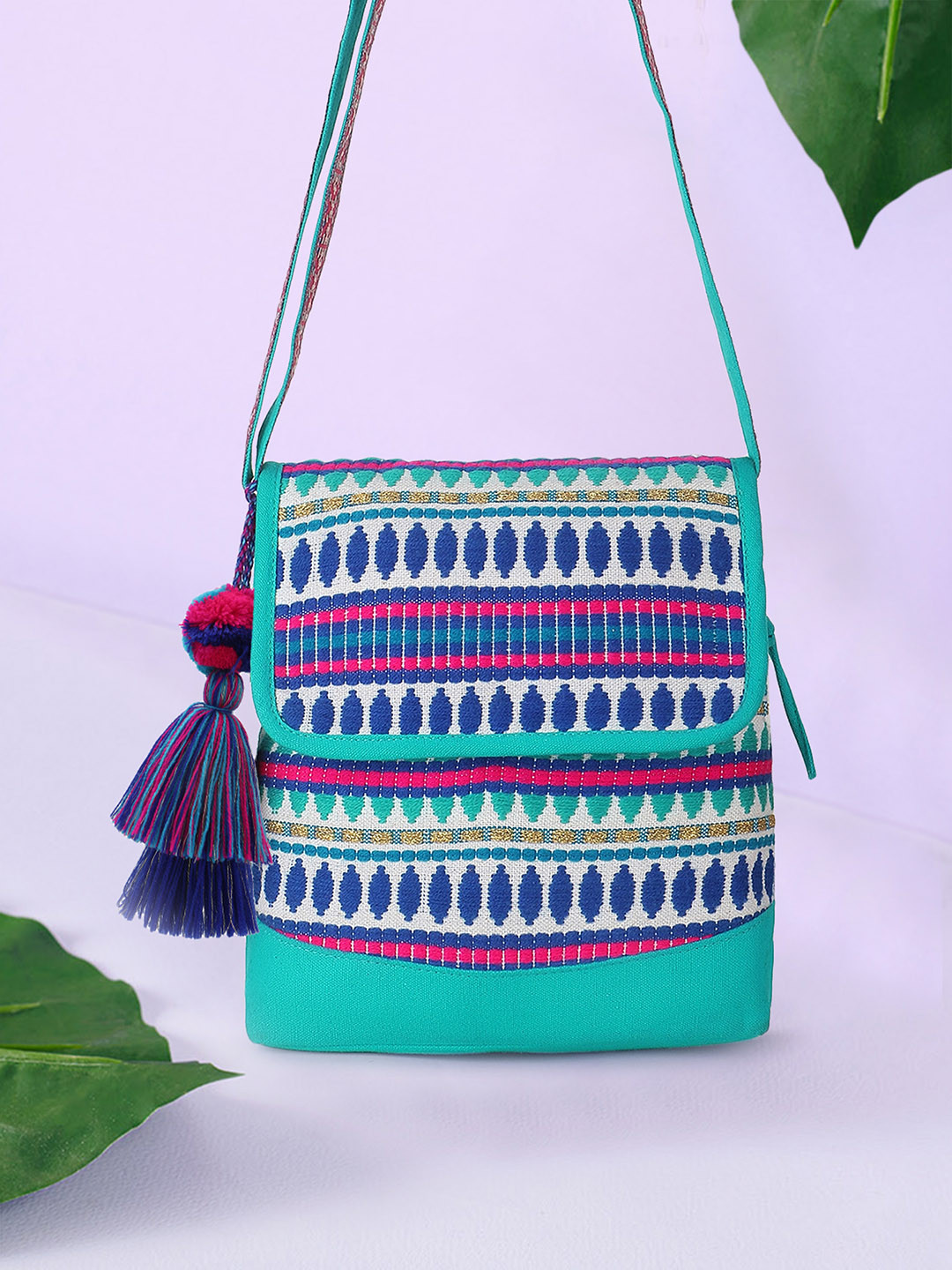 Anekaant Geometric Jacquard Cotton Canvas Sling Bag with Tasselled