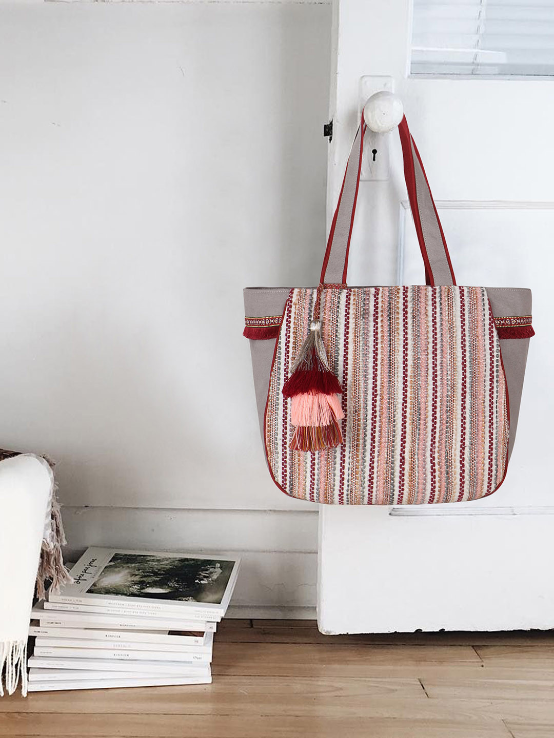 Anekaant Geomat Striped Cotton Large Shopper Tote Bag