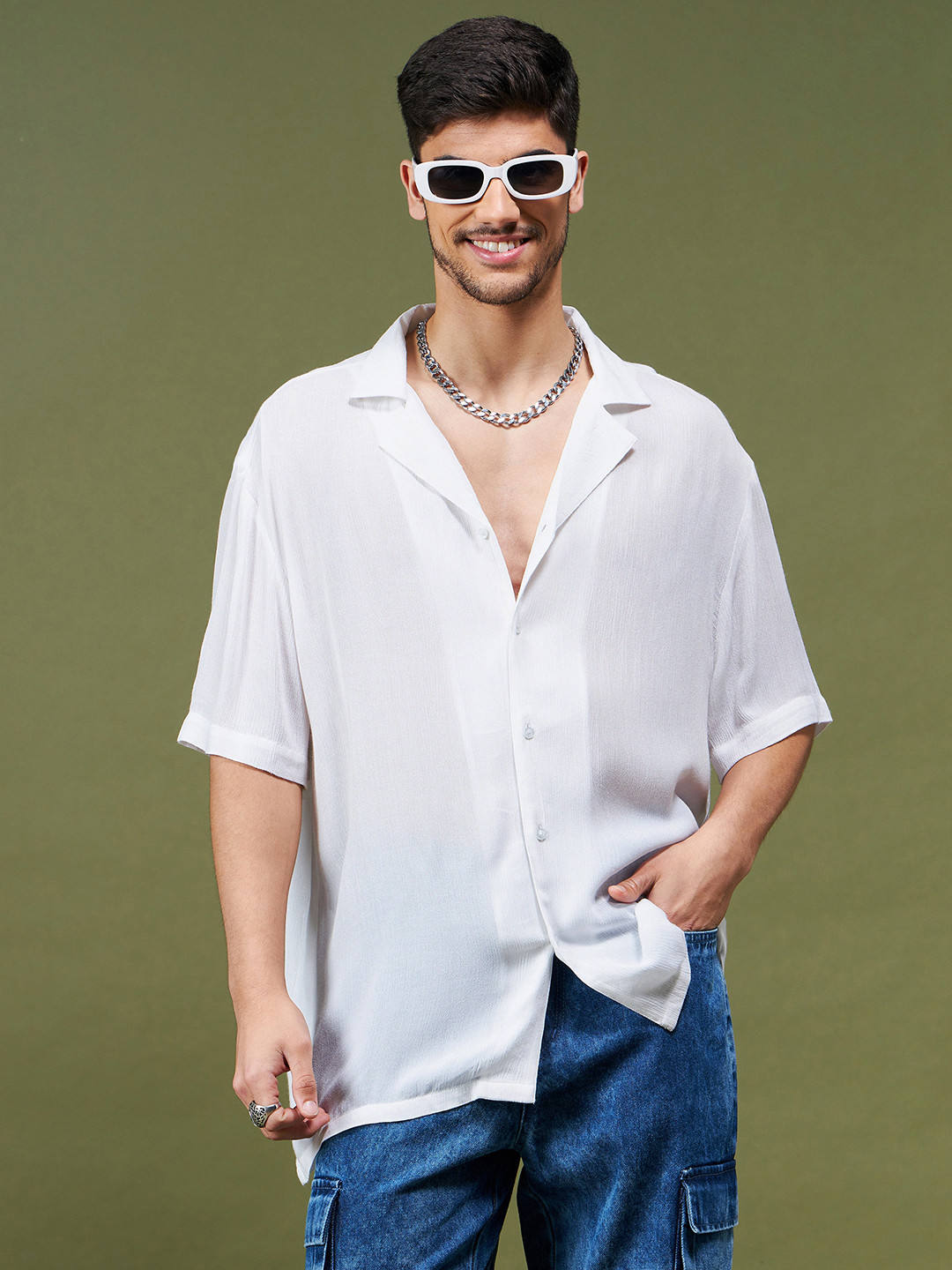 MASCLN SASSAFRAS White Relaxed Cuban Collar Semi Sheer Casual Shirt