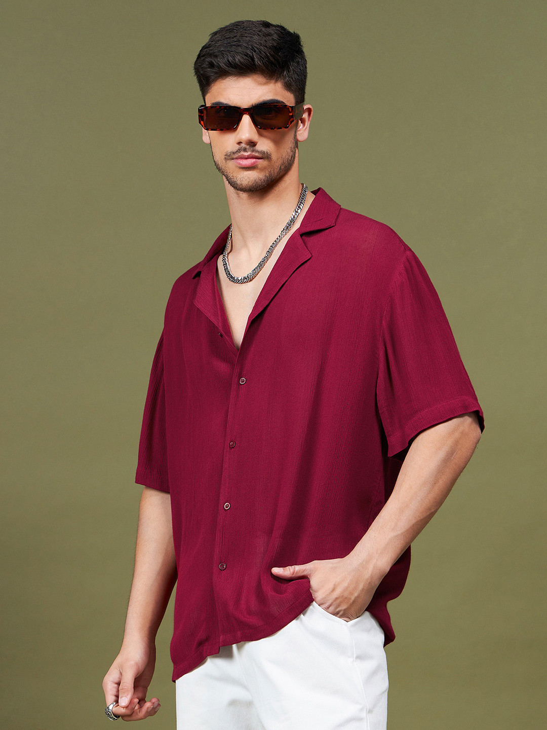 MASCLN SASSAFRAS Maroon Cuban Collar Relaxed Casual Shirt