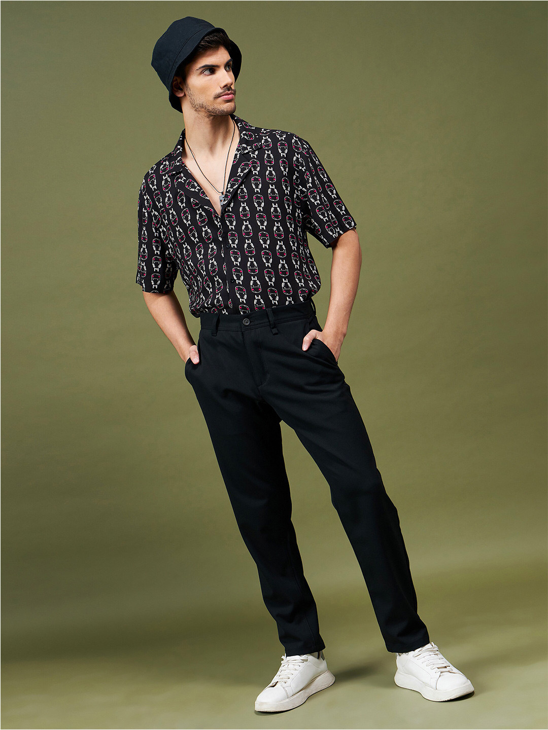 MASCLN SASSAFRAS Black Conversational Printed Relaxed Casual Shirt
