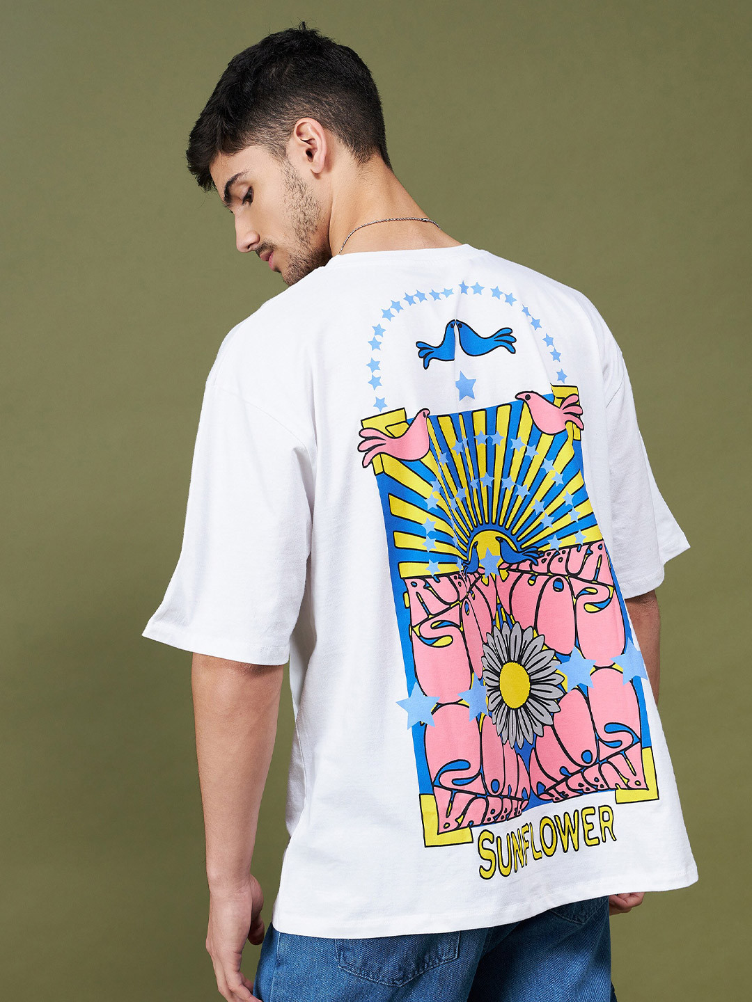 MASCLN SASSAFRAS White Graphic Printed Drop Shoulder Sleeves Pure Cotton Boxy T-shirt