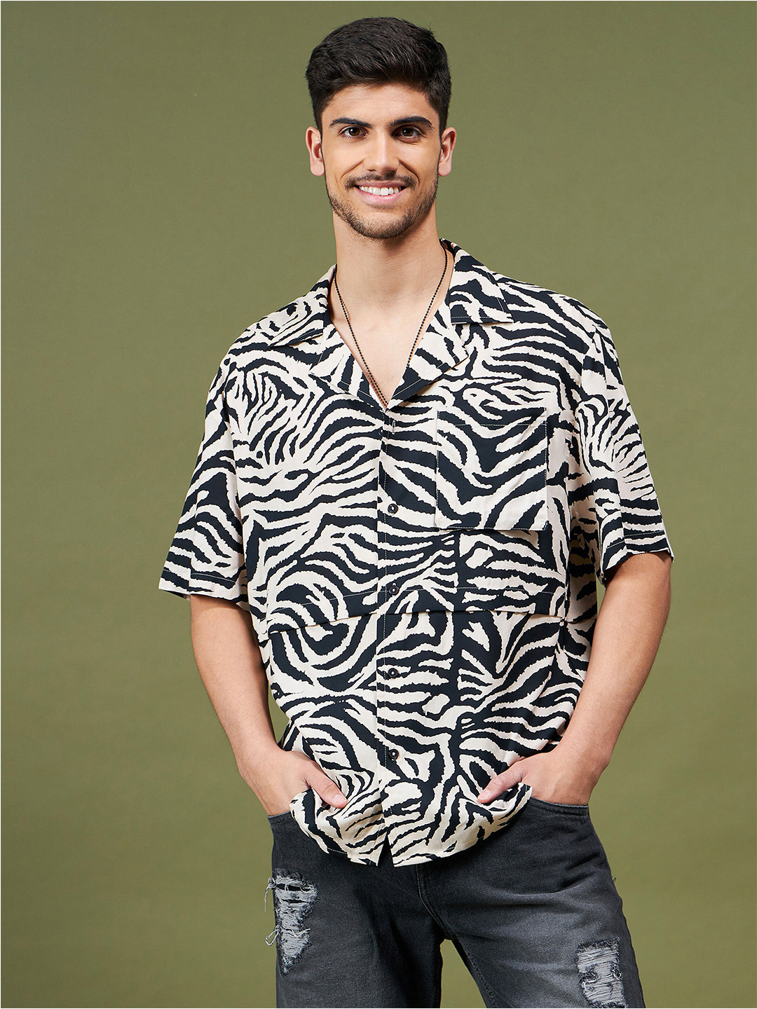 MASCLN SASSAFRAS Beige & Black Relaxed Animal Printed Casual Shirt