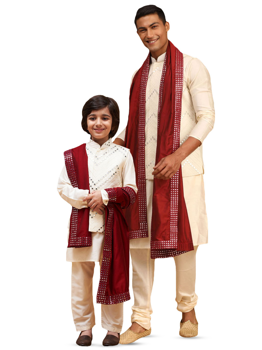 VASTRAMAY Men Mirror Work Jacket With Solid Kurta Churidar & Dupatta Set