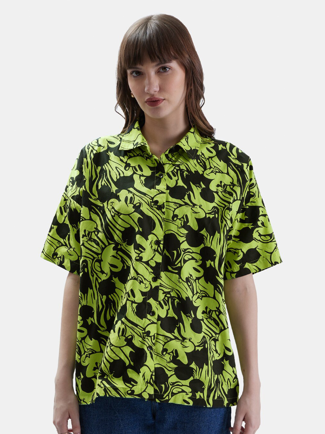 The Souled Store Green & Black Relaxed Boxy Fit Mickey Mouse Printed Pure Cotton Shirt
