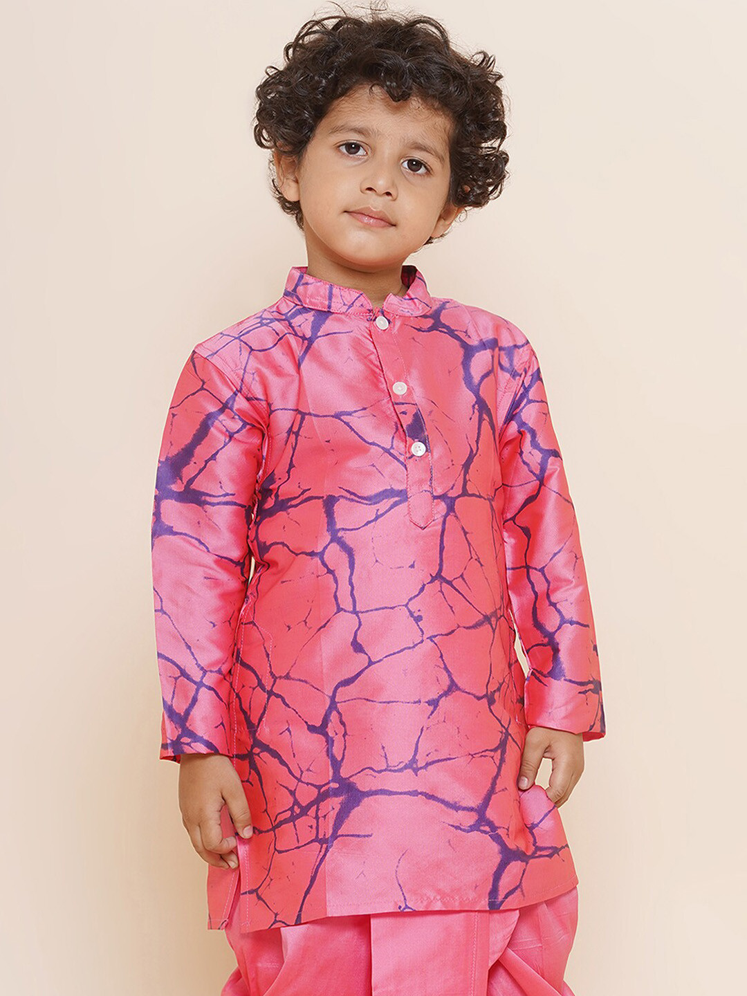 Sethukrishna Boys Pink Printed Flared Sleeves Thread Work Kurta
