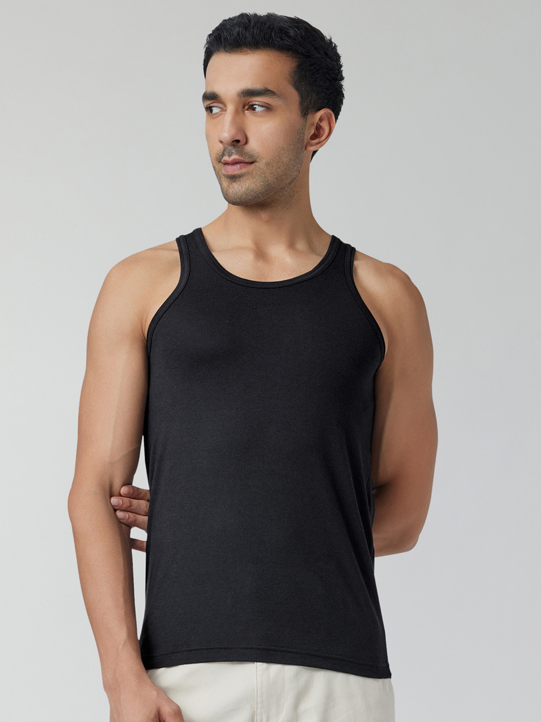 XYXX Men Solid ACE Cotton Modal Black Round Neck Innerwear Vest