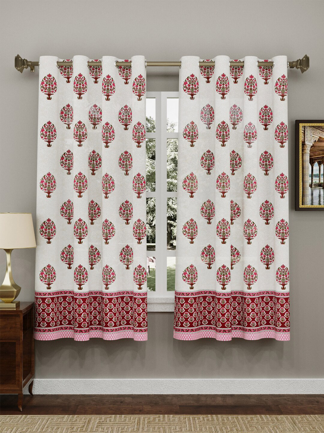 Sangria Red & White Ethnic Motif-Printed Cotton Window Curtains