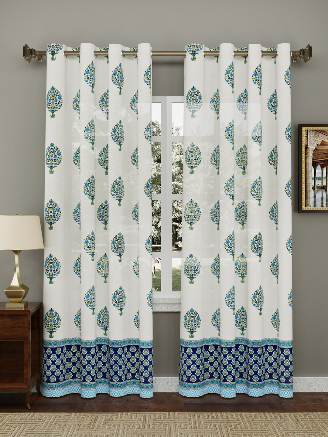 Sangria Blue& White Ethnic Motif-Printed Cotton Window Curtains