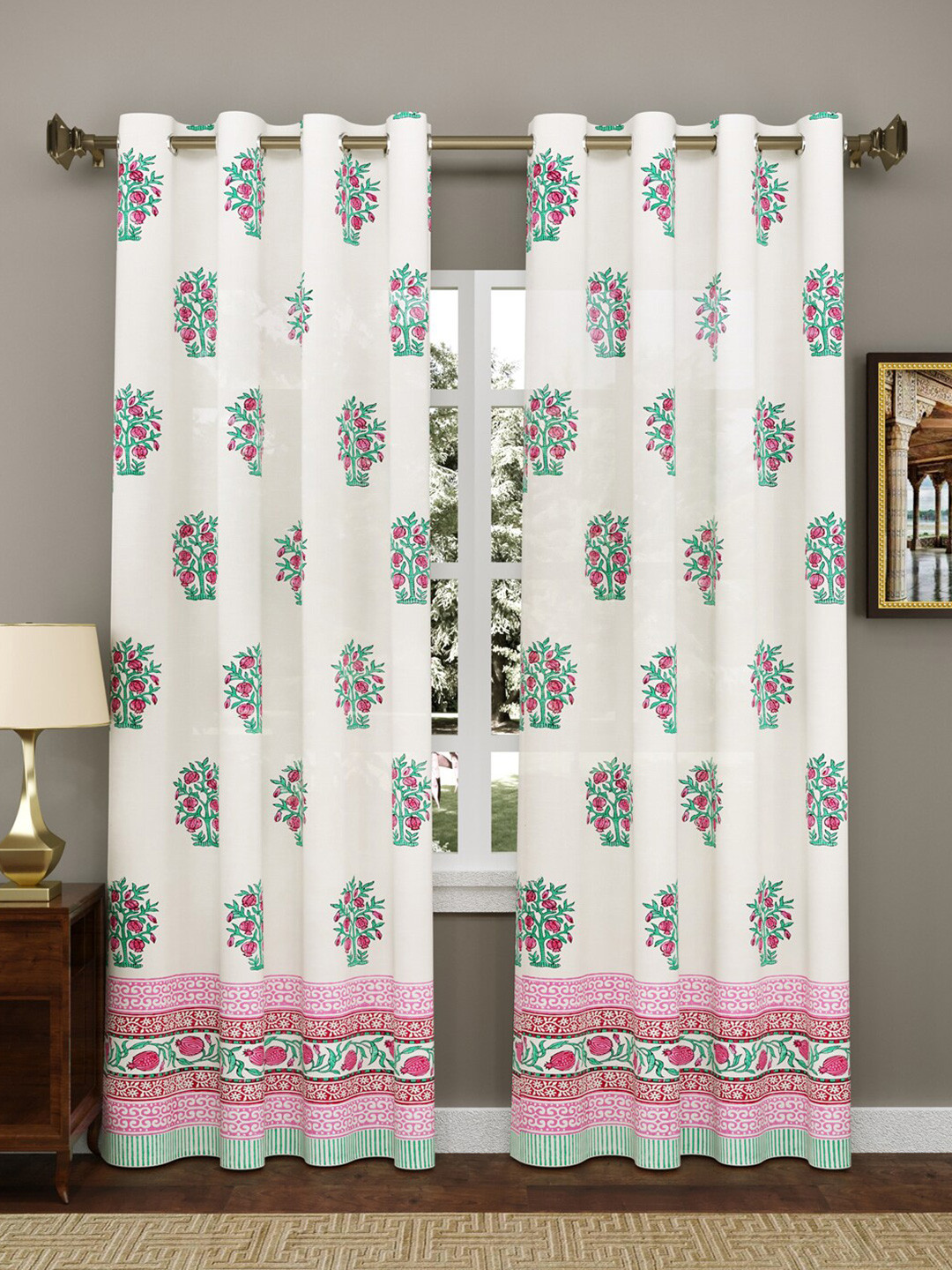 Sangria 2-Pcs White & Blue Printed Pure Cotton Door Curtain
