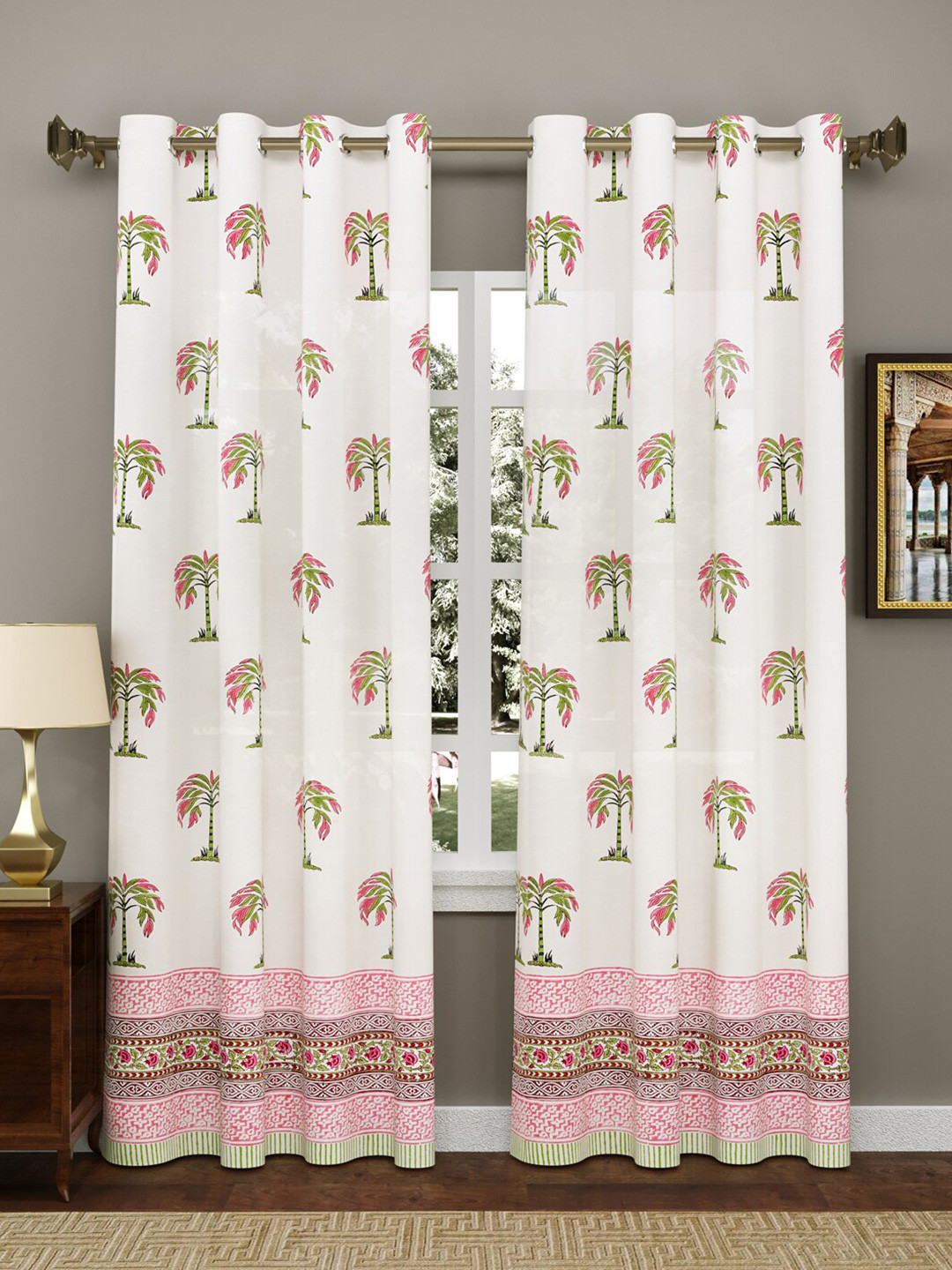 Sangria 2-Pcs Pink & White Printed Pure Cotton Door Curtain