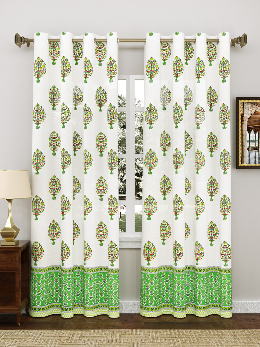 Sangria 2-Pcs White & Green Printed Pure Cotton Door Curtains