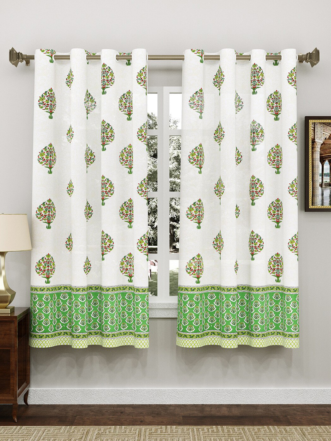 Sangria 2-Pcs White & Green Printed Pure Cotton Window Curtains