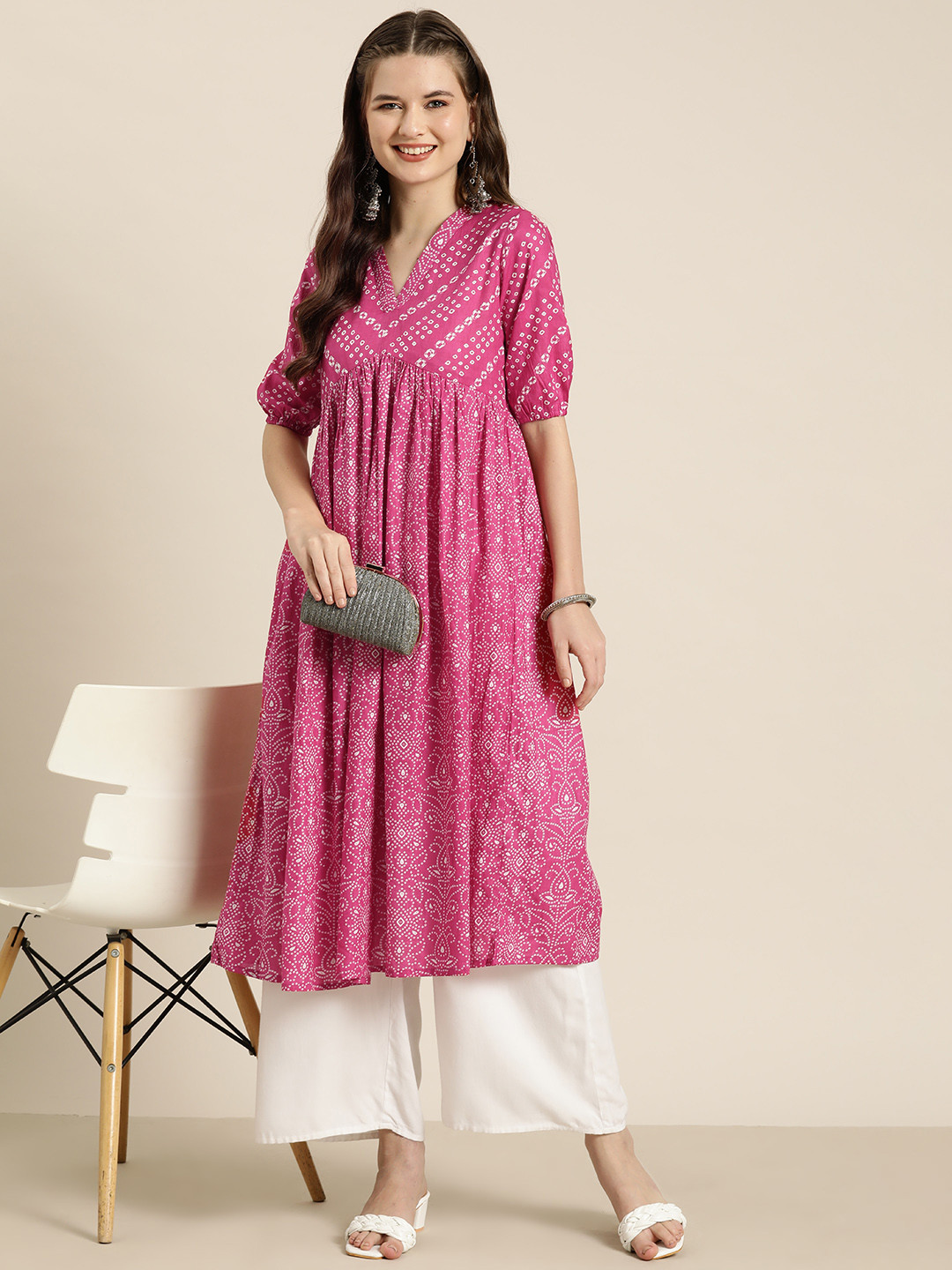 HERE&NOW Cotton Bandhani Print A-Line Kurta