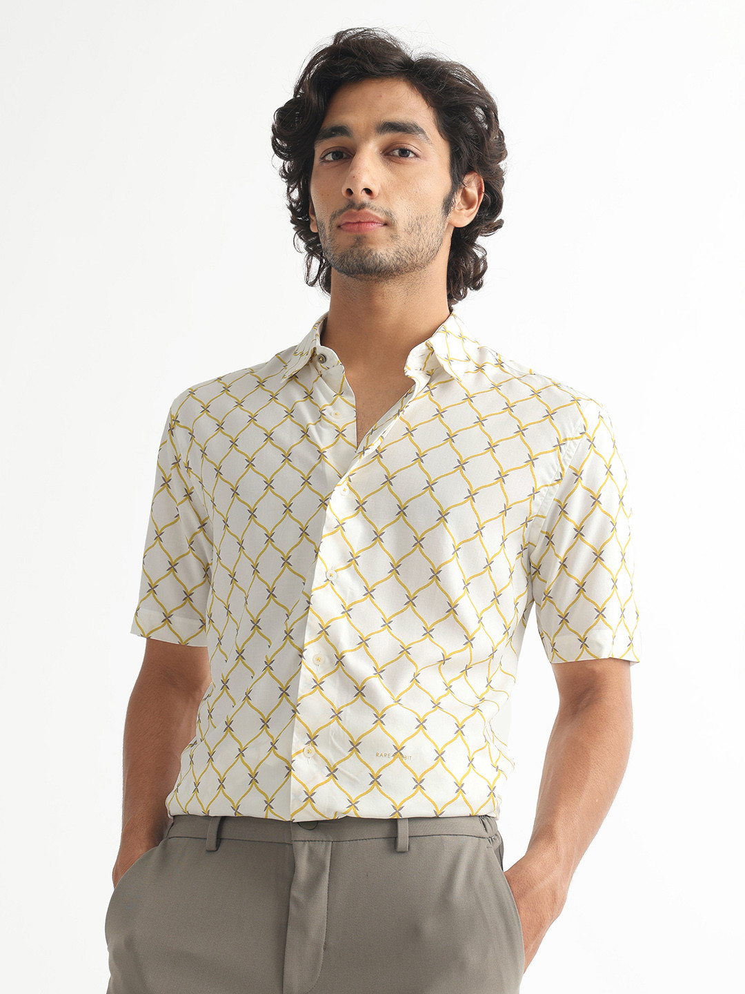 RARE RABBIT Men Braga Checked Spread Collar Cotton Slim Fit Shirt