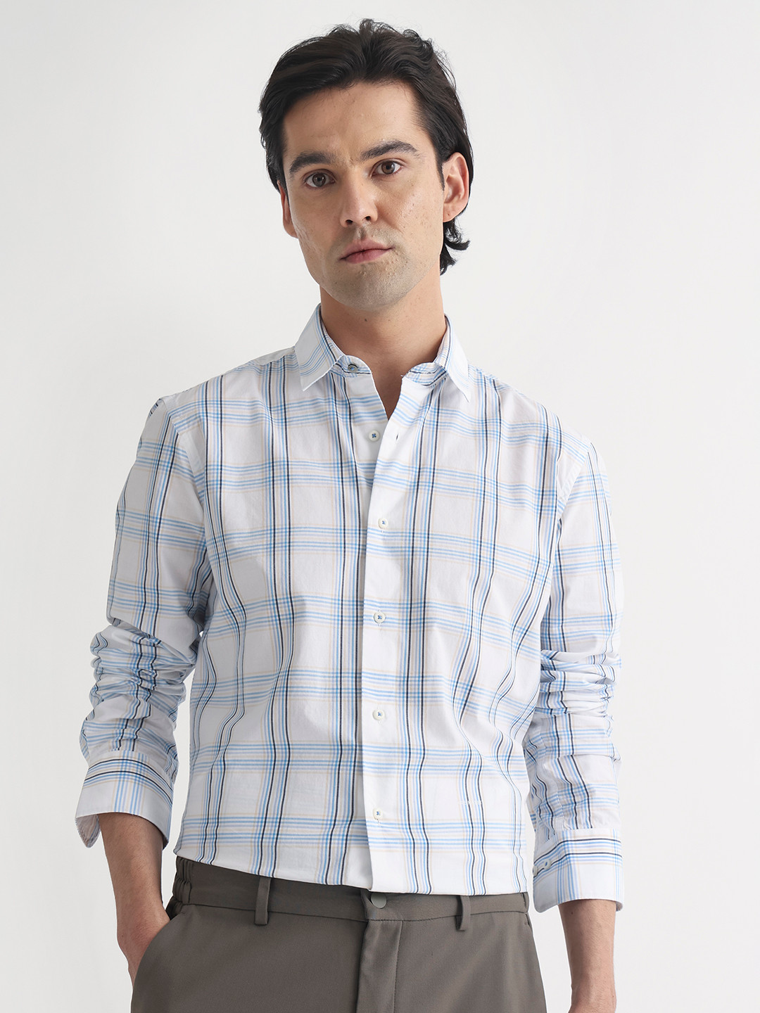 RARE RABBIT Men Turvo Slim Fit Windowpane Checked Cotton Shirt